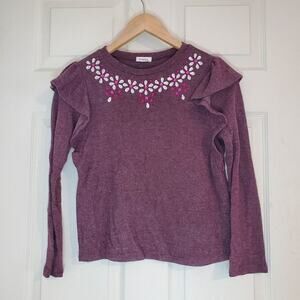 Monteau large girls  crewneck burgundy wool sweater with ruffles on the sleeve